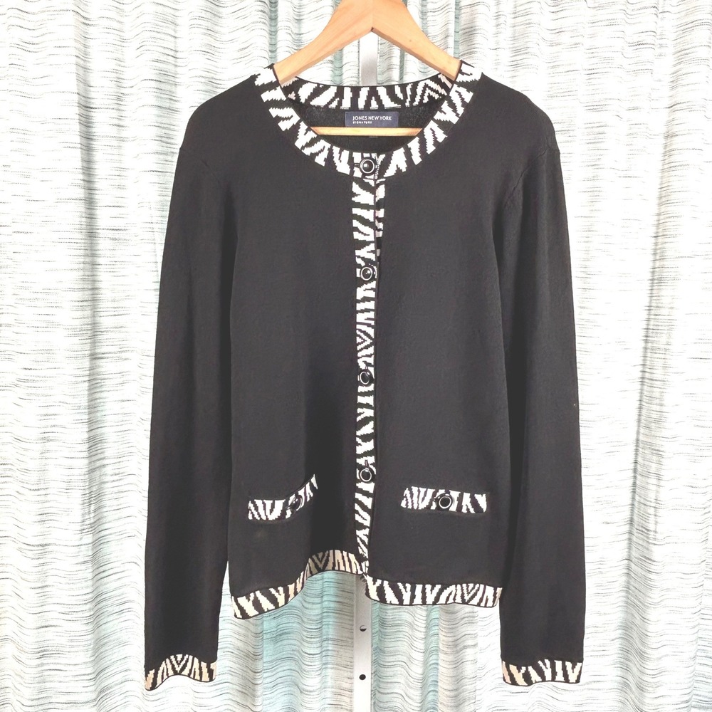 Jones New York Cardigan Black Womens XL‎ Zebra Trim Button Front